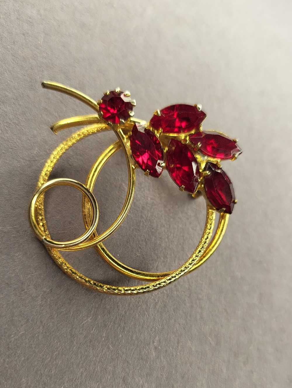 Gold-Tone Brooch with Red Crystal Leaves